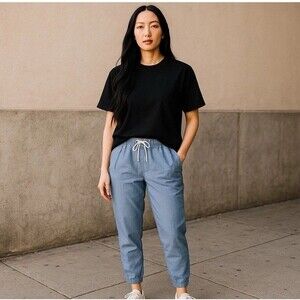 Athleta‎ Cabo Linen Jogger Pants Tapered Pull On Chambray Blue Women Size 14